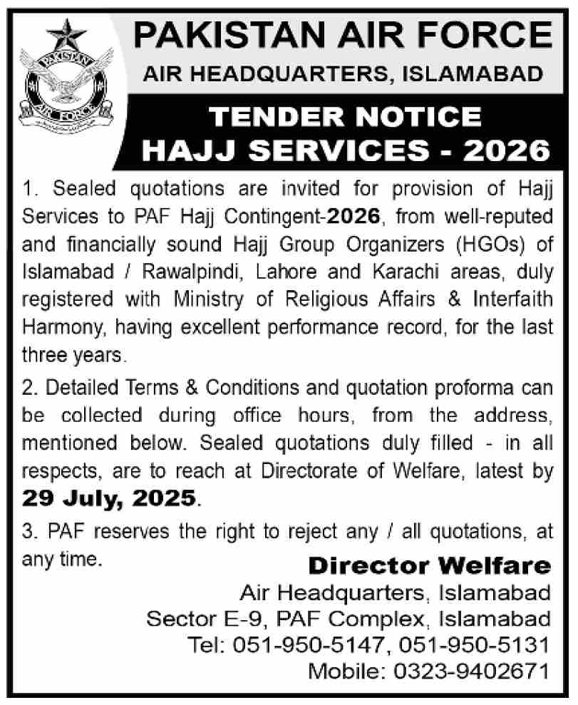 Pakistan Air Force Islamabad Tender Notice